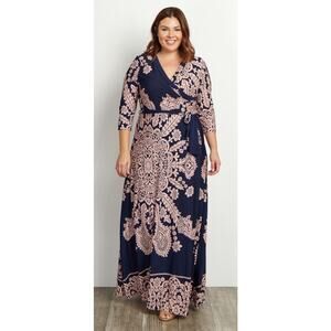 PinkBlush Womens Maternity Floral Draped Maxi Dress Boho Chic Navy Pink Size 2XL